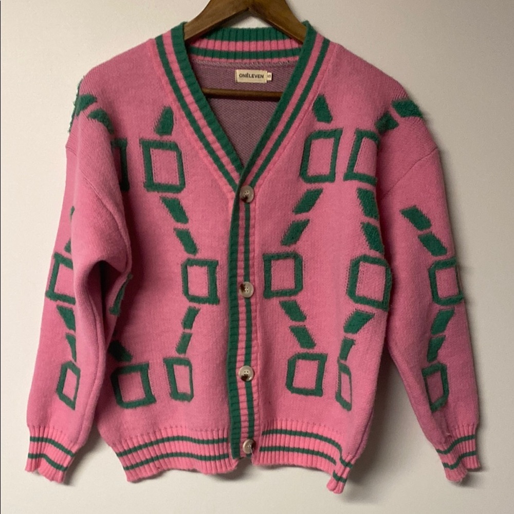 ONE ELEVEN Pink/Green Geometric Knit Cardigan Size small